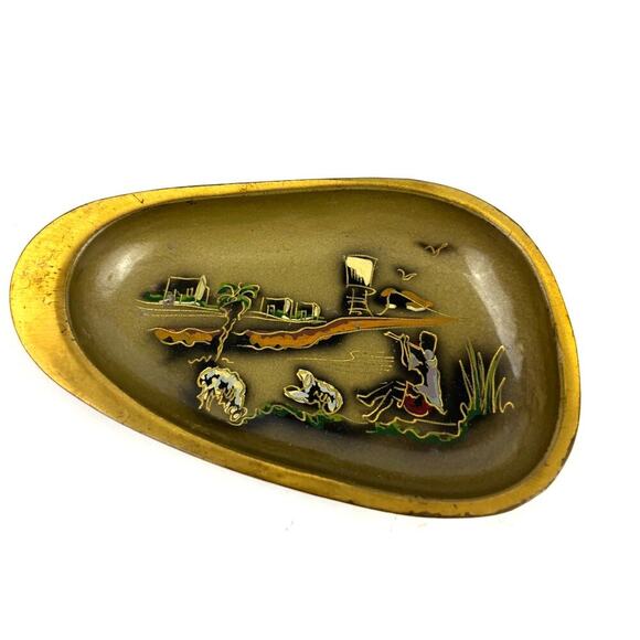 VTG N. Oppenheim Israel Hand Burnished Wall Hanging Trinket Tray Tin Gold - Picture 1 of 16